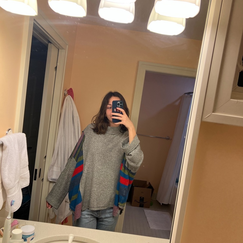 Free People We the Free oversized grey sweater with red/purple/green/blue; XS